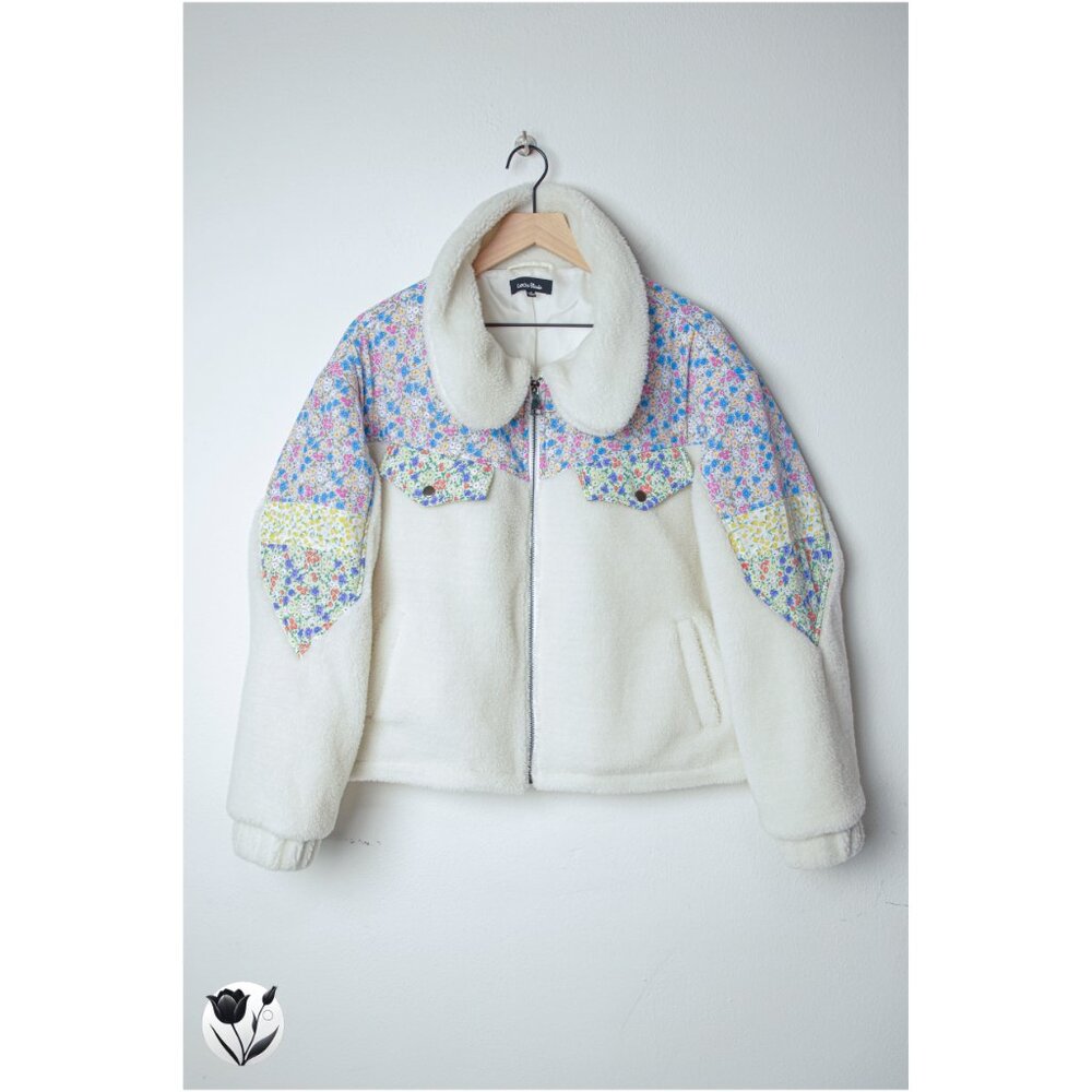 Lea&Viola Jacket Sz S Floral Patch Sherpa White Fleece Zip Warm Cozy Fall Winter